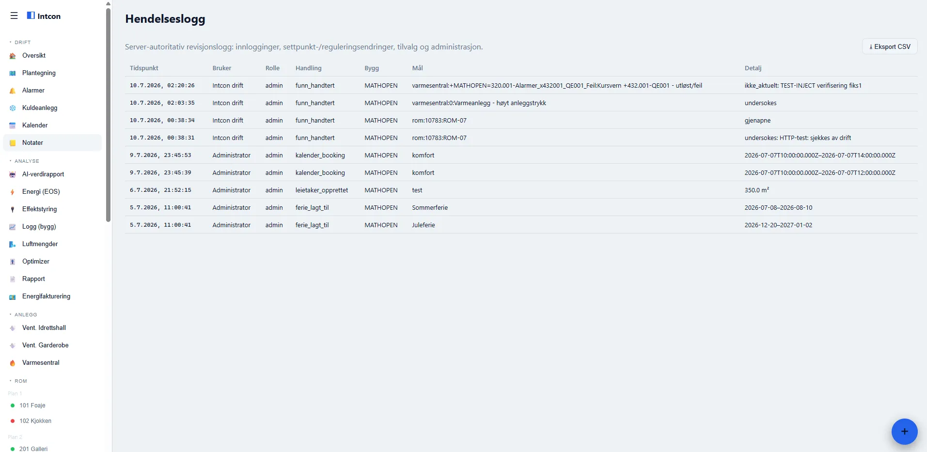 Byggcon hendelseslogg: tidspunkt, bruker, rolle, handling, bygg og TFM-merket mål for hver endring, med CSV-eksport
